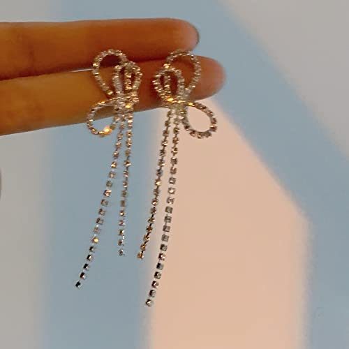 Xioose 925 Silver Crystal Bow Stud Earrings Fashion Ladies Tassel Rhinestone Earrings Hypoallergenic For Sensitive Ears #TOP5