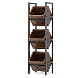 LITTLE TREE 3-Tier Basket Stand, Wooden Floor Stand Shelving Unit, Rustic Standing Organizer Storage Rack for Kitchen, Bathroom, Living Room