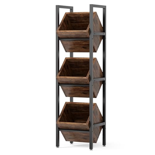LITTLE TREE 3-Tier Basket Stand, Wooden Floor Stand Shelving Unit,