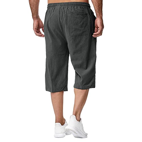 Men's Linen Shorts Casual Drawstring 3/4 Pant Lightweight Capri Shorts Elastic Waist Summer Beach Pants with Pocket3