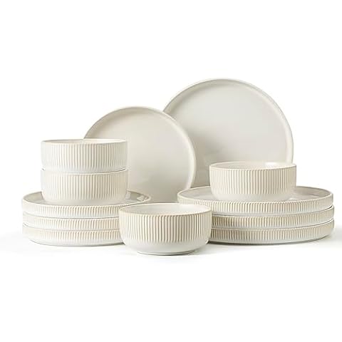 Frewinky Stoneware Dinnerware Sets for 4,12 Piece Kitchen Plates and Bowls Set,Reactive Glaze Porcelain Dinnerware Sets Scratch Resistant,Dishwasher and Microwave Safe,Vintage White Cover