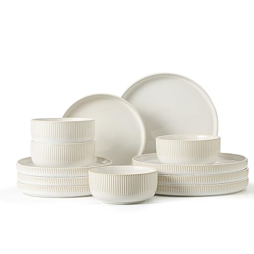 Frewinky Stoneware Dinnerware Sets for 4,12 Piece Kitchen Plates and Bowls Set,Reactive Glaze...