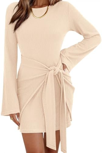 dowerme Women's Casual Mini Dress 2026 Bell Long Sleeve Boat Neck...