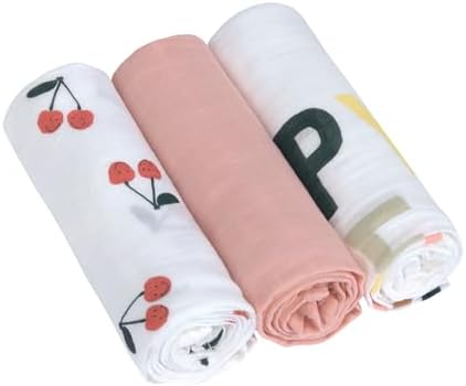 LÄSSIG Baby Mulltuch Spucktuch Puckdecke 3er Set Baumwolle 80 x 80 cm/Heavenly Soft Swaddle L Happy Fruits Cherry
