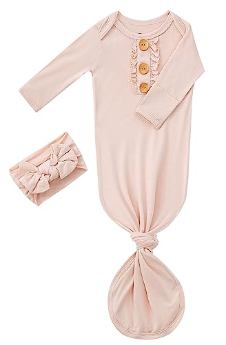 Image of Newborn Baby Girls Knotted Gown Headbands Set Soft Viscose from Bamboo Infant Sleeper Baby Sleep Gown with Mittens