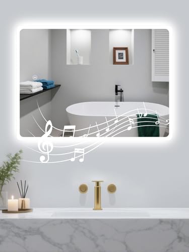 Habison Bathroom Mirror with Lighting, 60 x 80 cm LED Bathroom Mirror with Light and Bluetooth, De-fogging, 3 Colour Temperatures, Dimmable, Memory Function, IP44 Bathroom Mirror Bluetooth