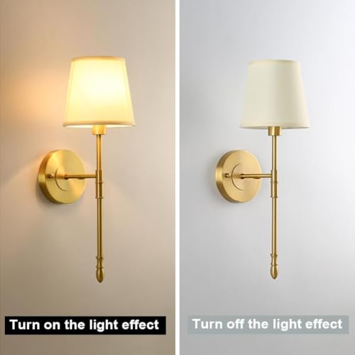 Image of Wall Sconces Sets of 2, Classic Brushed Brass Sconces Wall Lighting, Hardwired Bathroom Vanity Light Fixture with Fabric Shade for Bedroom Living Room Hallway Kitchen (Bulbs Included)(Warm light)