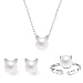 ISAACSONG.DESIGN 925 Sterling Silver Cat Eye Moonstone Apple/Cat Kitty Crystal Pearl Charms Pendant Necklace and Earring Set for Women (Cute cat Kitty with Pearl Charm)