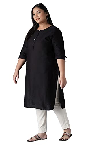 Image of W for Woman Women's Cotton Straight Fit Straight Round Neck Solid Kurta
