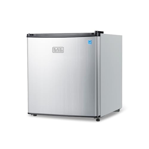 BLACK+DECKER 1.7 Cu. Ft. Compact Refrigerator, ENERGY STAR Certified, Single Door Mini Fridge with Chiller Compartment, Personal Fridge for Home or Dorm Room, R600a Refrigerant, BCRK17V,Stainless Look