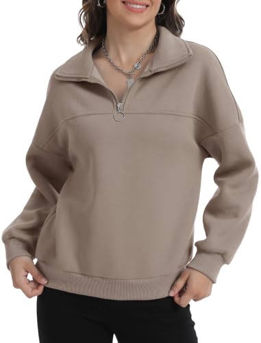 Image of YGJIEGENG Womens Sweatshirts, Quarter Zip, Long Sleeve Jumper, Coffee, L