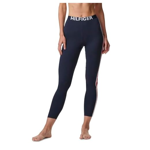 Tommy Hilfiger Women's Retro Style Hilfiger Logo Graphic Leggings Pant Lounge Pj, Navy Blazer Blue with Bright White/Apple red, Small