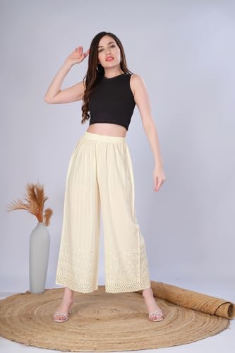 Image of VIVIKA Chikankari Palazzo Pants for Women |Rayon Wide Leg Ethnic Palazo with Embroidery | Comfortable Elastic Waist Women's Palazzo for Casual, Festive & Office Wear