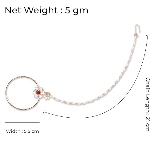 Image of Suhana Gold Plated Traditional Ethnic Bridal Nose Ring /Nath without piercing with Pearl Chain Encased with Stone for Women /Girls (Nose Ring Diameter - 5) (Red)