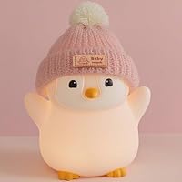 FAMIDUO Penguin Night Light, Cute Pink Penguin Lamp with Knit Hat, Soft Silicone Nursery Nightlight for Baby, Rechargeable/Dimmable/Timer,LED Squishy Novelty Animal Bedside Lamp,Funny Gifts for Kids