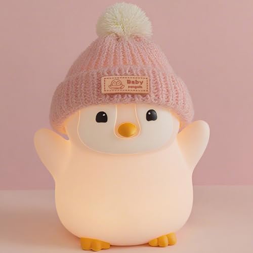 FAMIDUO Penguin Night Light, Cute Pink Penguin Lamp with Knit Hat, Soft Silicone Nursery Nightlight for Baby, Rechargeable/Dimmable/Timer,LED Squishy Novelty Animal Bedside Lamp,Funny Gifts for Kids