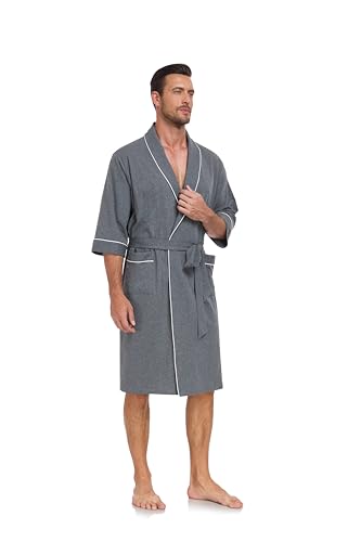 Image of COLORFULLEAF 100% Cotton Men's Bathrobes Summer Kimono Short Sleeve Lightweight Soft Breathable Spa Robe for Men