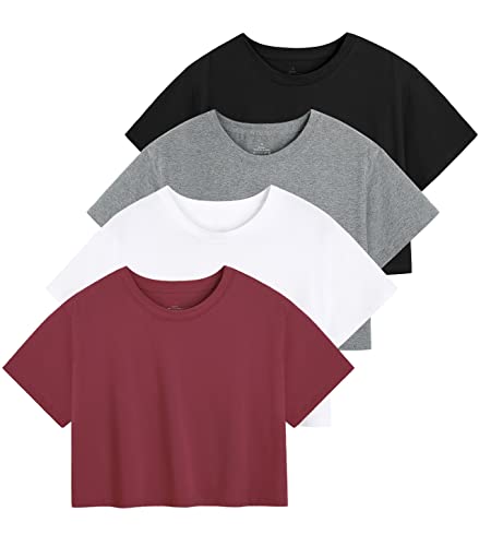 Xelky Womens Crop Casual Tops Tshirt Cotton Loose Workout Short Sleeve Round Neck Tee Yoga Running Shirts 4 Pack