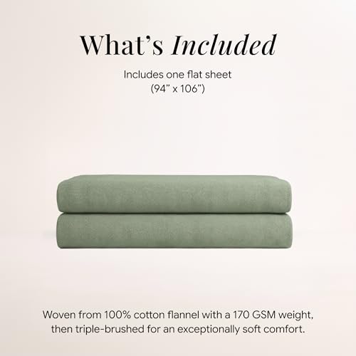 Image of Tribeca Living Queen Cotton Flannel Flat Sheet Only 170-GSM - Oversized 112 x 106 Inch Dimensions for Generous Bed Coverage - Soft Breathable Bedding in Green