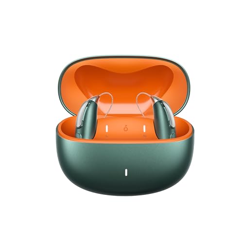 Rechargeable Bluetooth Hearing Aids for Mild to Severe Hearing Loss - OTC - Smart Fitting - RIC (Receiver-in-Canal) Design with Noise Reduction - Includes Charging Box, Green