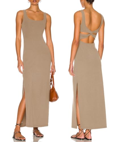 Image of Women Backless Bodycon Maxi Dress High Side Slit Twist Back Tank Dress | Criss Cross Twist Back Clubwear Scoop Neck Evening Party Dress Casual Vacation Beach Sundress Sleeveless Slit Prom Gown