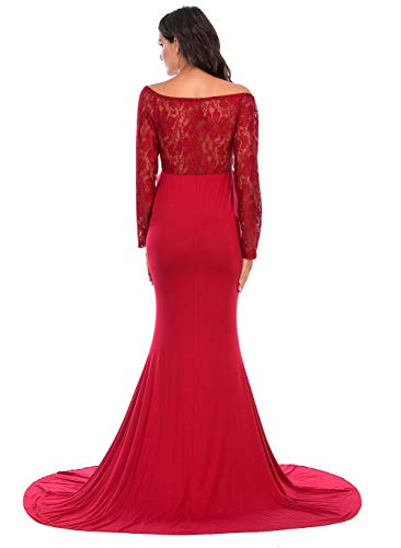 Ziumudy Elegant Maternity Lace Fitted Gown Cross-Front Long Sleeve V Neck Photography Dress For Baby Shower (Burgundy, Large) #TOP4