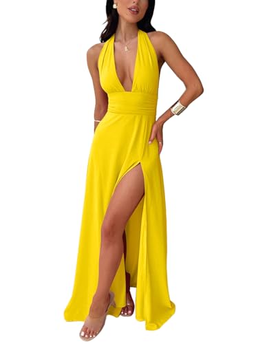 Image of Ekaliy Womens Sexy Halter Deep V Neck Maxi Dress Sleeveless Backless Split Long Dress