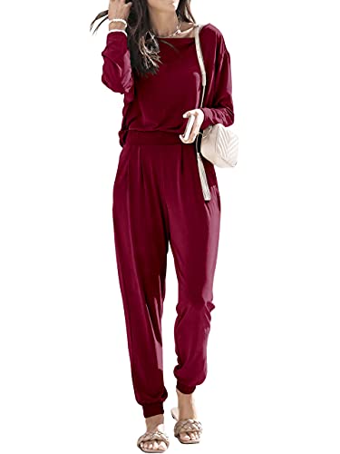 ANRABESS Women’s Two Piece Sweatsuit Set Outfit Long Sleeve Off Shoulder Lounge Set Travel Loungewear Sweatpants Set 3ED93jiuhong-M