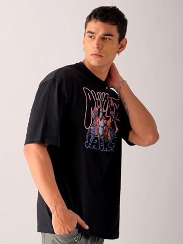 Image of The Indian Garage Co Men Cotton Oversized Graphic Back Printed Round Neck Tshirt