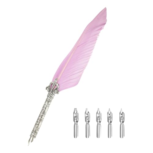 PATIKIL 26.5cm/10.4" 習字用羽根ペン 5本 交換用ニブ付き 結婚式や事務所 ギフト用 ライトパープル