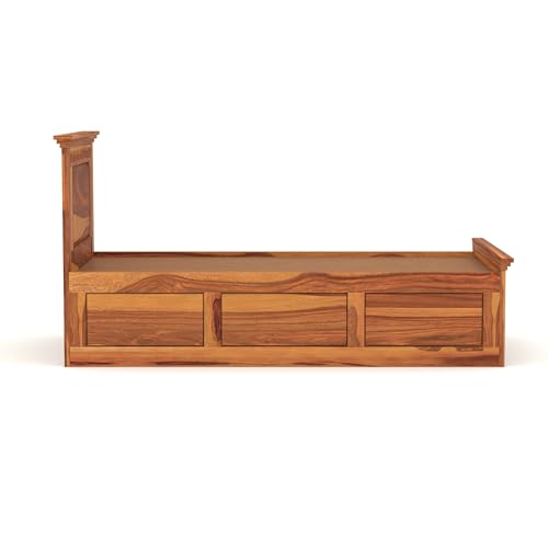 Image of Solid Sheesham Wood Single Size Bed with Box Storage for Bedroom Living Room Single Cot for Home Wooden Palang for Hotel (Honey, Size 6 * 4)