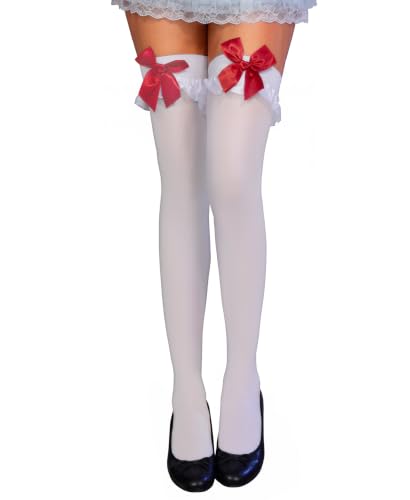 RSLOVE Chaussettes Hautes Femme Blanche - Bas Autofixant avec Nœuds Blanc Rouge
