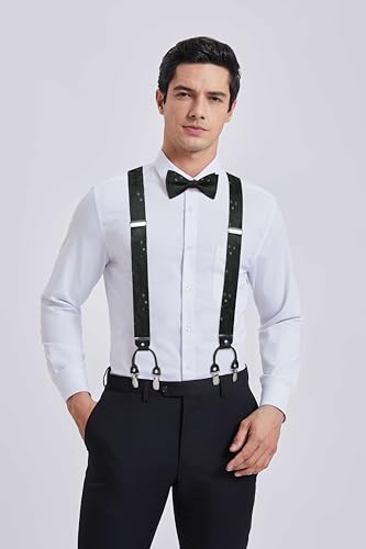 Image of HISDERN Suspenders for Men Paisley Floral Bow tie Suspender Pocket Square Sets Adjustable Y Shape 6 Clips Wedding Braces
