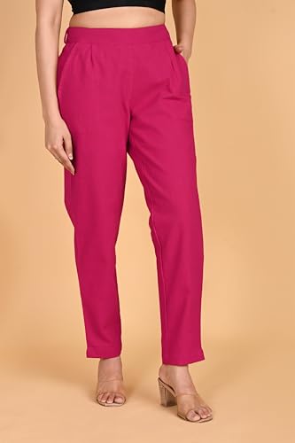 Image of Women's Solid Straight Fit 100% Cotton Trousers | High Waist, Side Pockets, Ankle Length Pants for Office, Casual