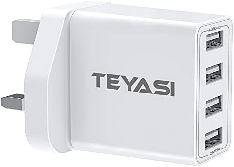Multi USB Plug Charger,TEYASI 4 Port 25W Multiple USB Charging Plug Adaptor UK Mains Charge 5V/2.4A Fast Charging for iPhone 13 12 11 pro Max 10 XS XR X 8 7 6 6S Plus 5S 5C SE 5,Samsung,iPad,Phone