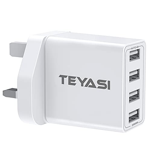 USB Plug Multi USB Charger Plugs UK 25W Phone Plugs with USB Port Multiple 4 Way 3 PIN Mains Charge Head 5V 5AMP Multiport Charging for iPhone 14 Pro Max 13 12 11 SE XS XR X 8 7 6 5 iPad