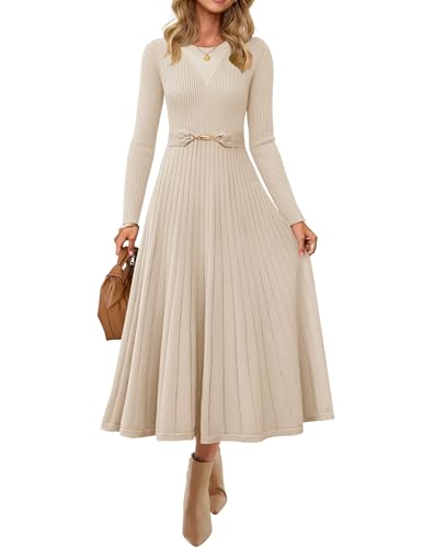 ZESICA Women's Long Sleeve Midi Sweater Dress 2026 Fall Crewneck Knit A Line Pleated Flowy Long Dresses with Belt,Apricot,Medium