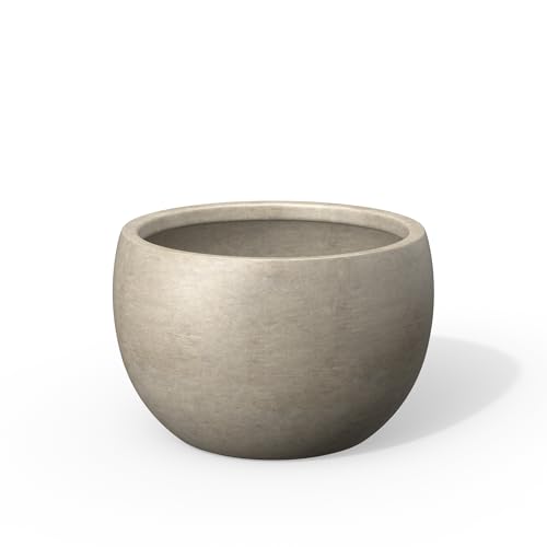 Kante 13" H x 18.5" W Low Concrete Planter, Wide Bowl-Shaped Plant Pot with Drainage Hole & Rubber Plug – Breathable Weathered Classic Planter for Succulents, Patio, Garden