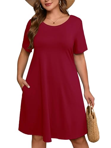 Image of AusLook Plus Size Midi Dress for Women Casual Summer Short Sleeve A Line Swing Dress with Pocket Round Neck Flowy Dress 1X-5X