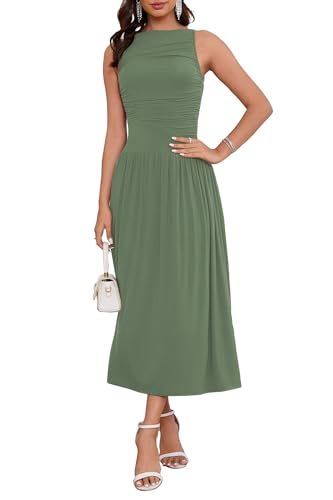 Image of Womens Summer Casual Midi Maxi Dress 2026 Sleeveless Ruched A Line Flowy Cocktail Wedding Guest Beach Long Sundress