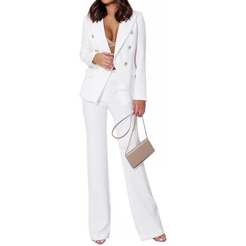 Minetom Tailleur Femme 2 Pièces Elegant Couleur Unie Slim Fit Manche Longue Blazer Veste Formel Bureau Travail Pantalon Ensemble Costumes Outfits A Blanc XL Cover