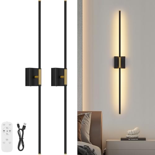 Image of Battery Operated Wall Sconce Set of Two with Remote Control, 3000K-6000K Dimmable Black Gold Wall Lights, Timable LED Wireless Wall Sconces, 350 Ratate for Bathroom, Living Room, 39.4 Inch