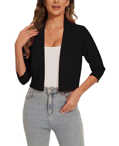 Image of Women 3 /4 Sleeve Cropped Cardigan Lightweight Casual Open Front Bolero Shrug Sweaters