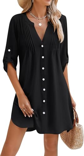 Robe de plage pour femme YUTILA col en V boutonnée fluide