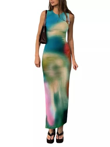 Image of Suillty Women Y2k Tie Dye Tank Dress Sleeveless Bodycon Long Dresses Printed Slim Fit Summer Maxi Dress Sundress