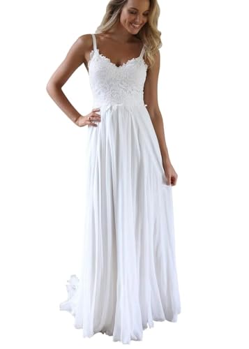 Image of Women's V Neck Spaghetti Straps Beach Wedding Dresses for Bride, Long A-Line Chiffon Bridal Gown Lace Wedding Gowns