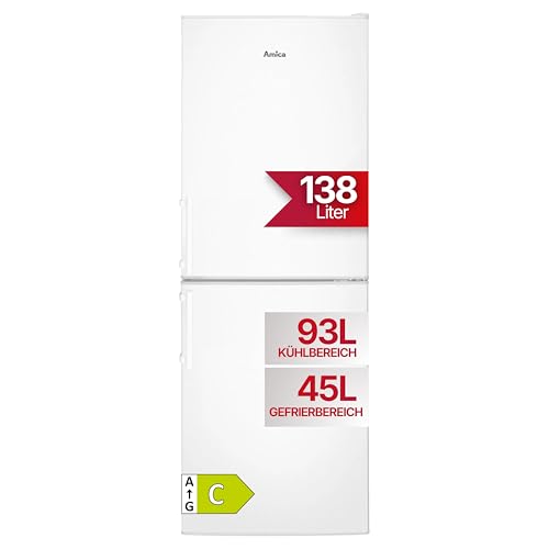Amica Kühl‑Gefrierkombination freistehend 138 l automatische Abtauung Glasablagen LED‑Beleuchtung 148 x 52 x 59 cm – Kuehlschrank Freistehend Weiß