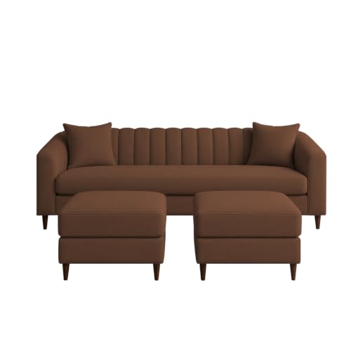 Image of Doraldo 3 Seater Sofa Set with 2 Ottoman for Living Room (Brown) Premium Fabric Sofa