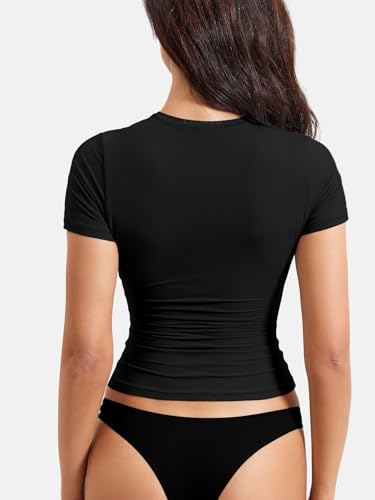 YEOREO Women Fitted Workout Tops Short Sleeve Double Lined Basic Y2K Going Out Crew Neck Compression Crop Top4