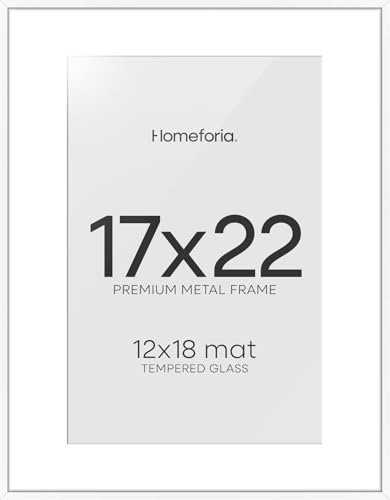 Image of Homeforia 17x22 Picture Frame White, High End Metal 17x22 Poster Frames with Mat 12x18 Photo, 17 x 22 White Frame Matted to 12 by 18 Print, 22by17 Thin Hanging Frames, Tempered Glass, Wall Kit, Set of 1